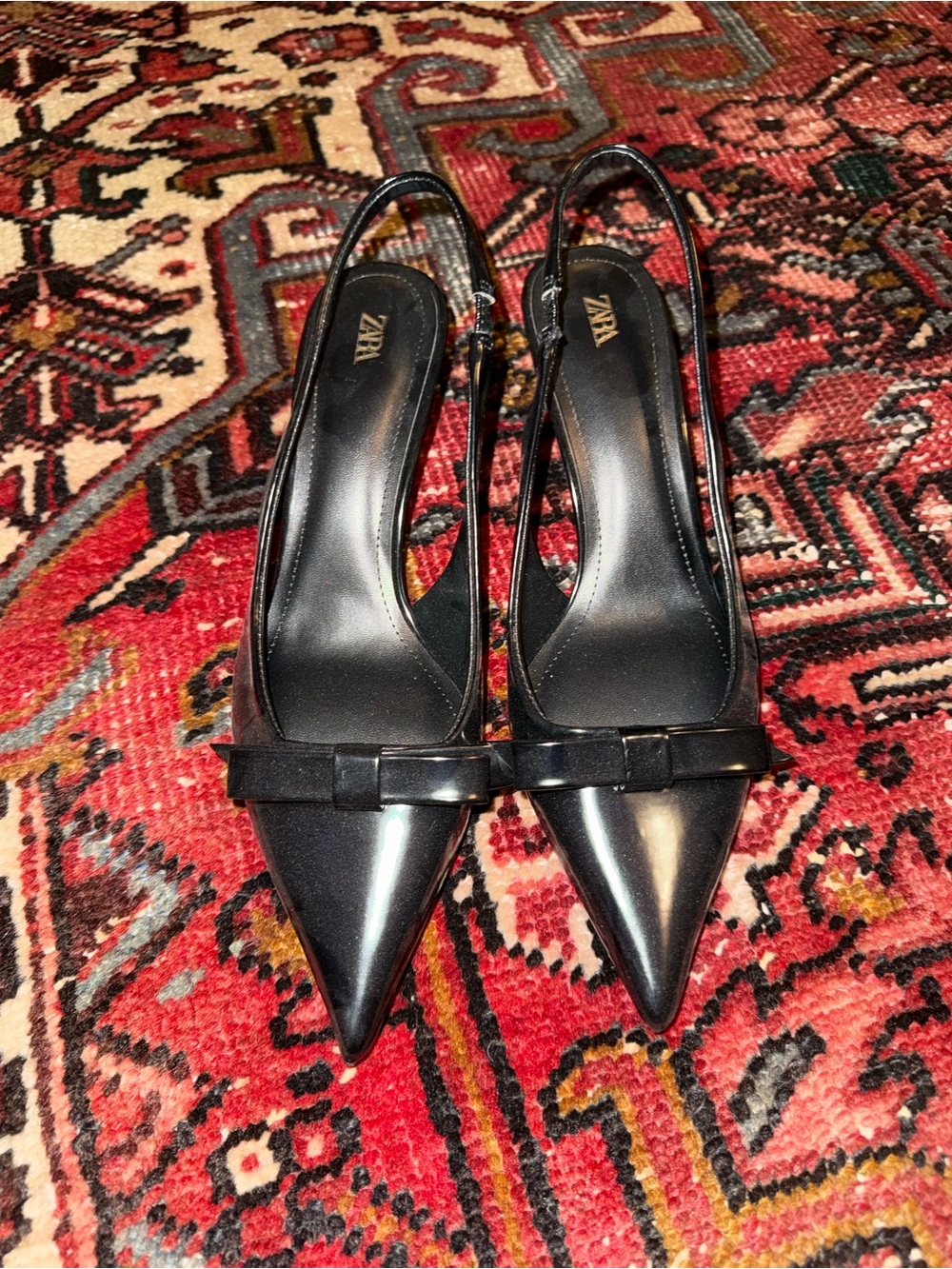 Zara Black Pointed Slingback Pumps with Bow Accent
